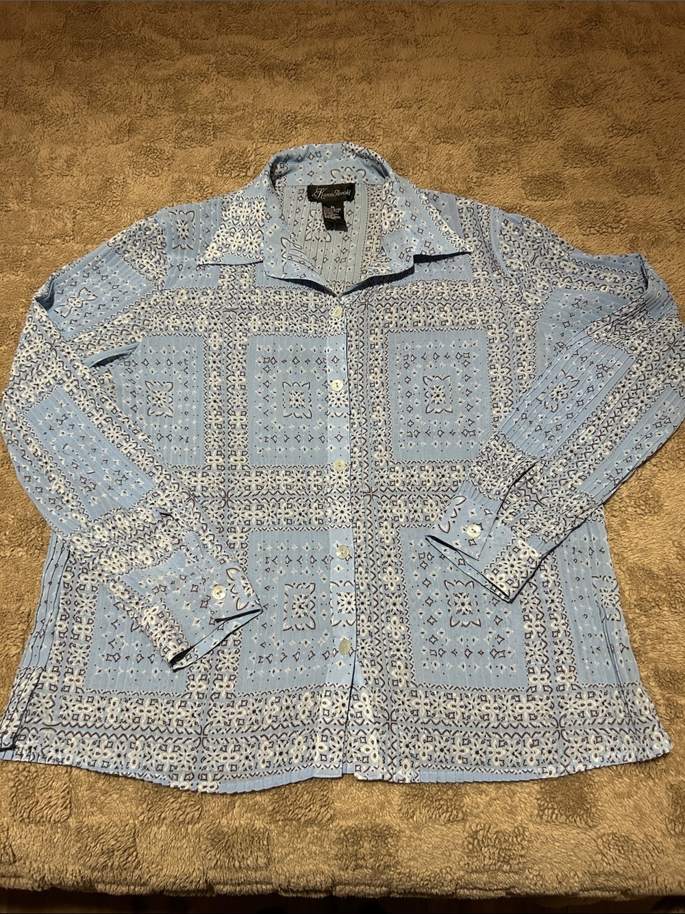 Karen Arnold Blue Bandana Print Button Front Blouse XL Lightweight Career Casual